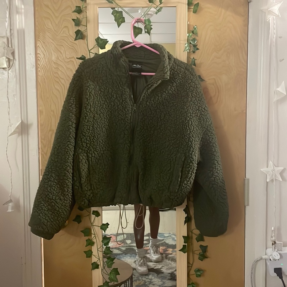 Green, fur, zip up, jacket